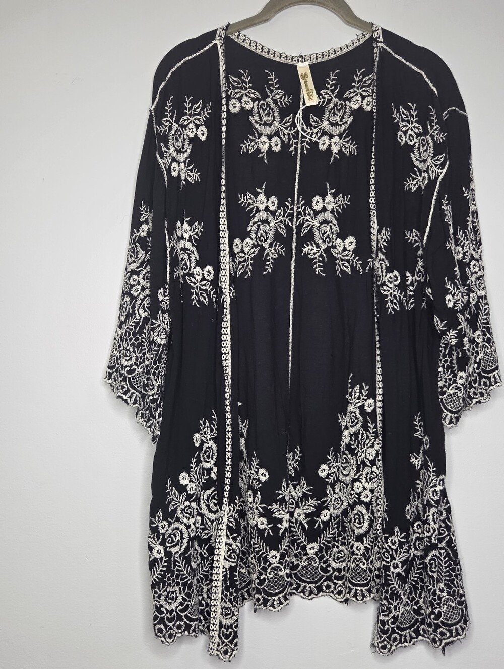 Shoreline Embroidered Black with White Floral Bohemian Style Cardigan